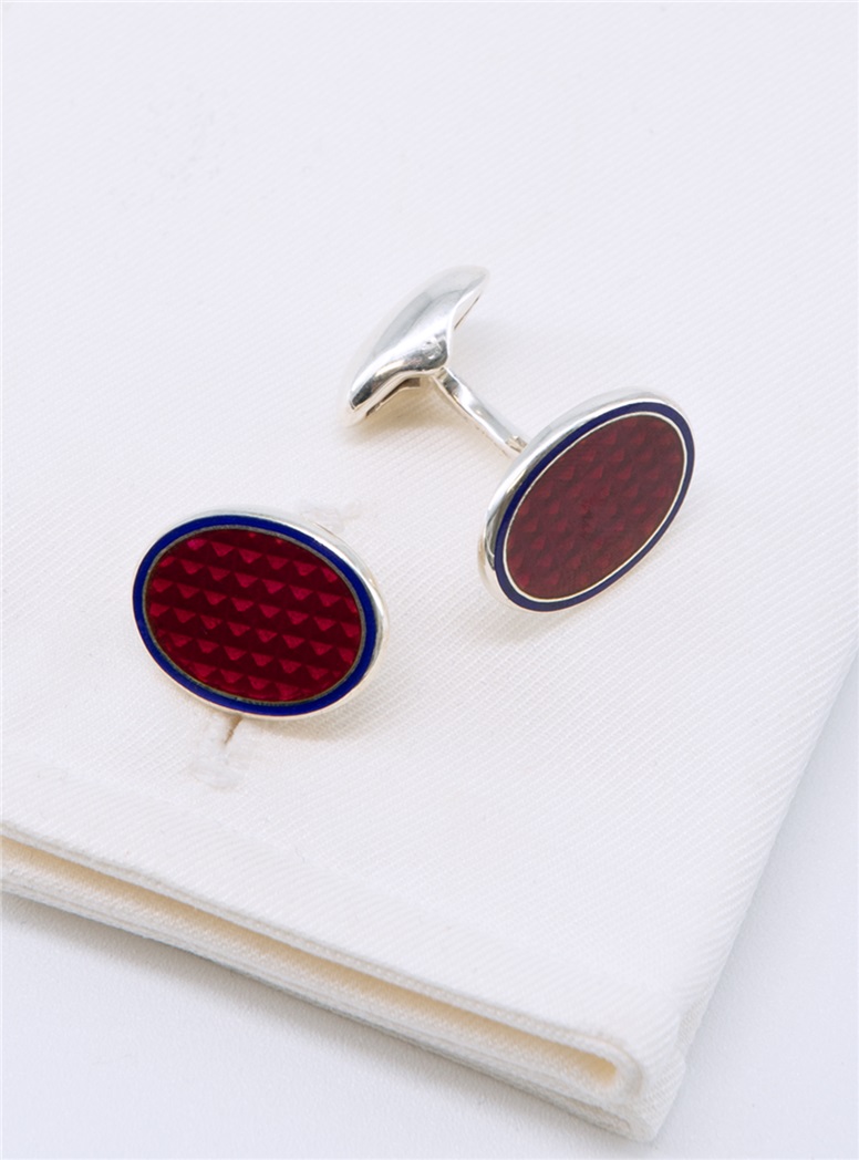 Oval Cufflinks in Burgundy with Cobalt Border