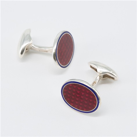 Oval Cufflinks in Burgundy with Cobalt Border