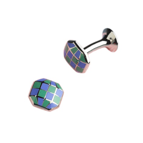 Raised Octagon-shaped Cufflinks in Blue and Green Checkerboard