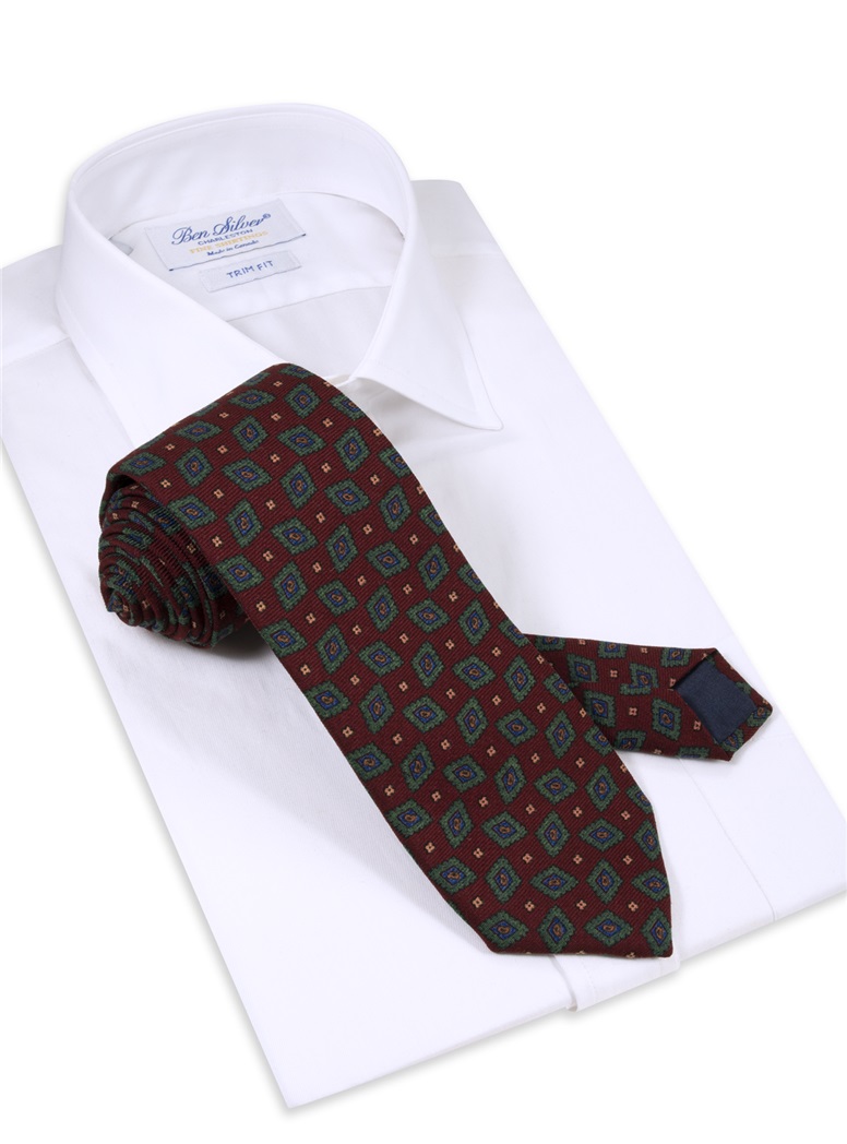 Wool Diamond Printed Tie in Burgundy