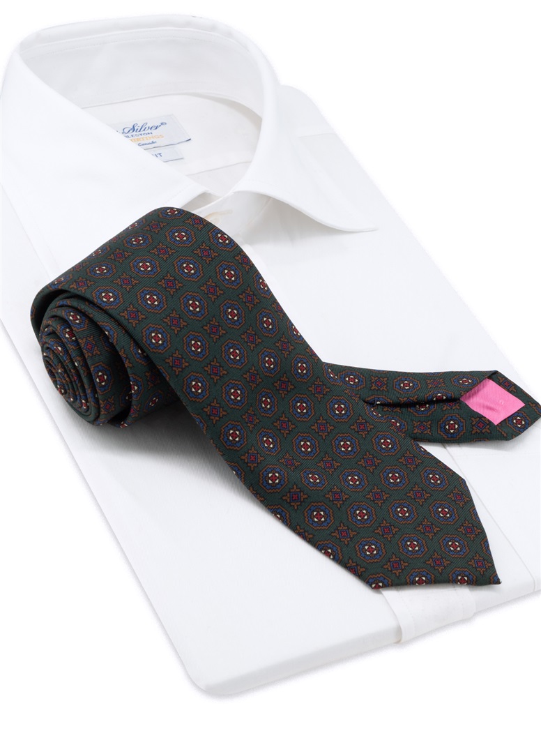 Silk Printed Medallion Motif Tie in Hunter Green