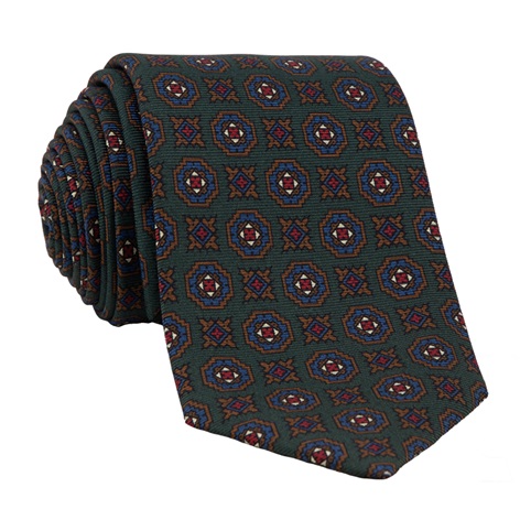Silk Printed Medallion Motif Tie in Hunter Green
