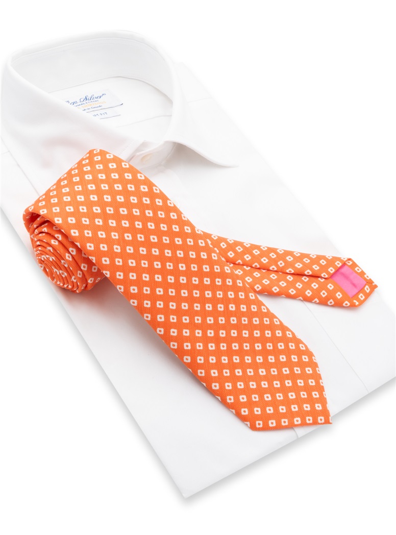 Silk and Linen Diamond Printed Tie in Tangerine