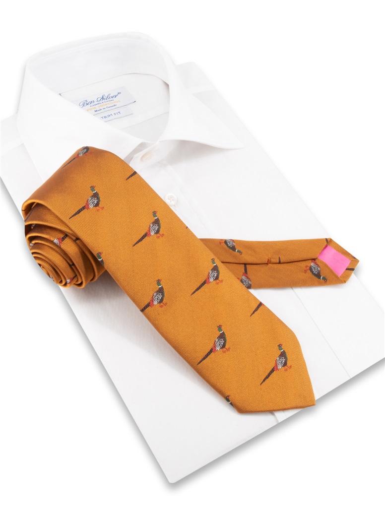 Silk Woven Pheasant Motif Tie in Gold