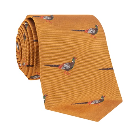 Silk Woven Pheasant Motif Tie in Gold