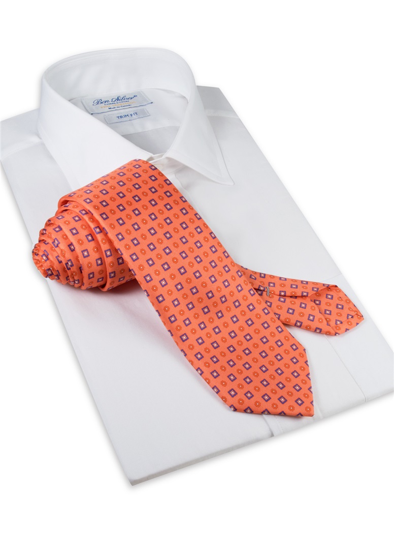 Silk Neat Print Tie in Tangerine