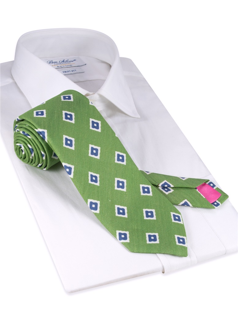Silk and Linen Diamond Motif Tie in Fern