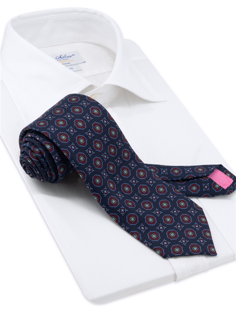 Silk Printed Medallion Motif Tie in Navy