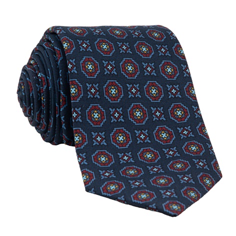 Silk Printed Medallion Motif Tie in Navy