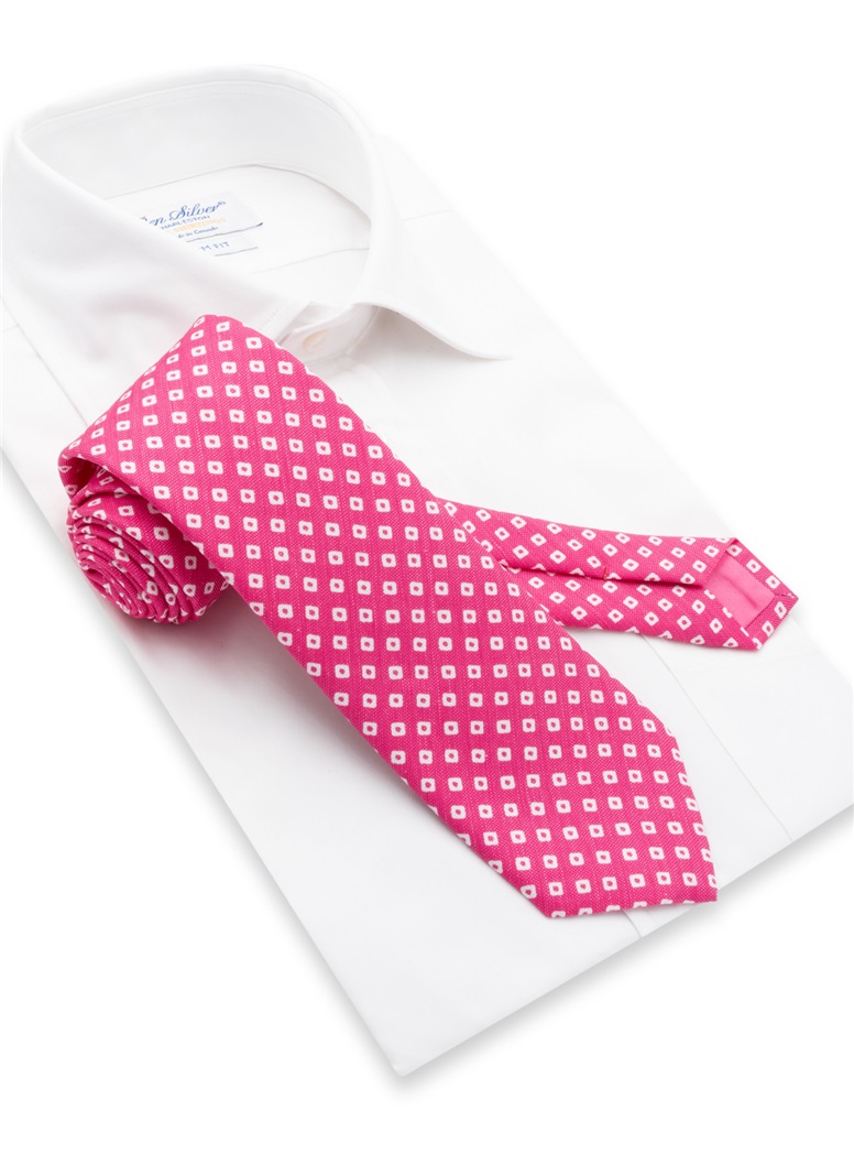 Silk and Linen Diamond Printed Tie in Flamingo