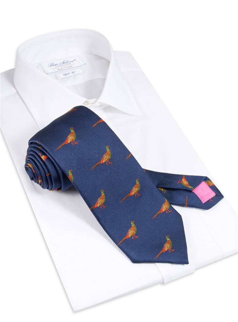 Silk Woven Pheasant Motif Tie in Royal Blue