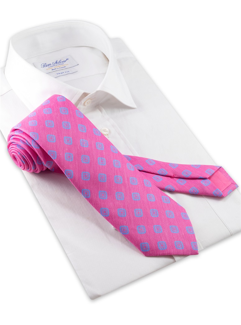 Silk And Linen Diamond Printed Tie In Pink - The Ben Silver Collection