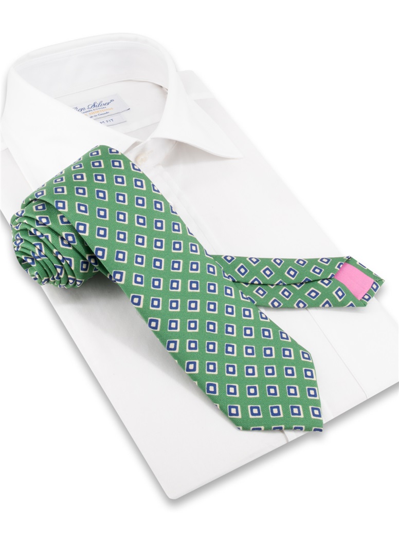 Silk Print Diamond Motif Tie in Fern