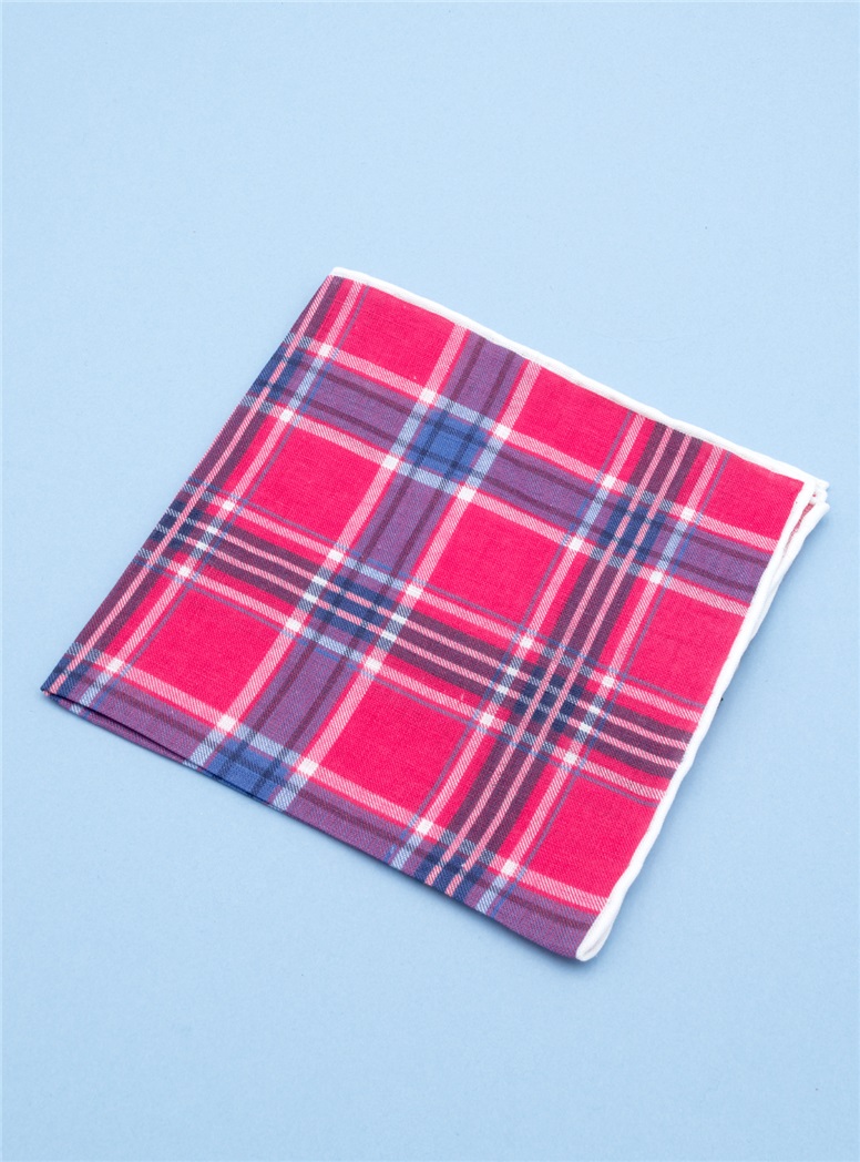 Azalea and Navy Plaid Linen Pocket Square