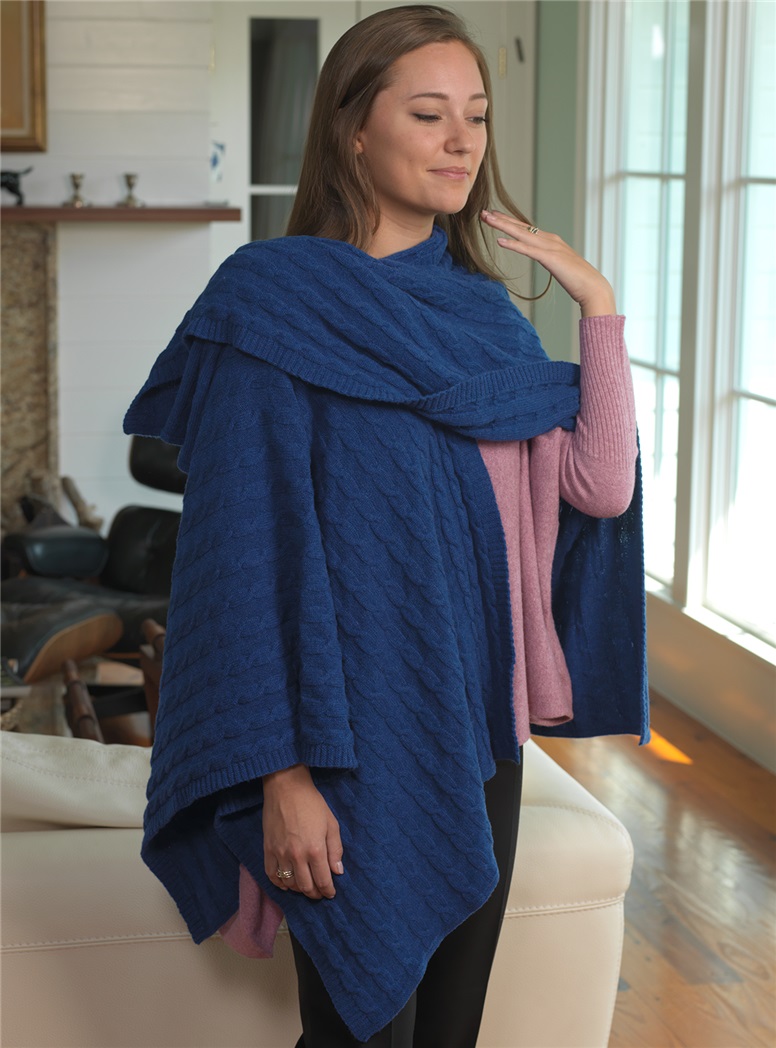 Cashmere Cable Knit Wrap in Marine