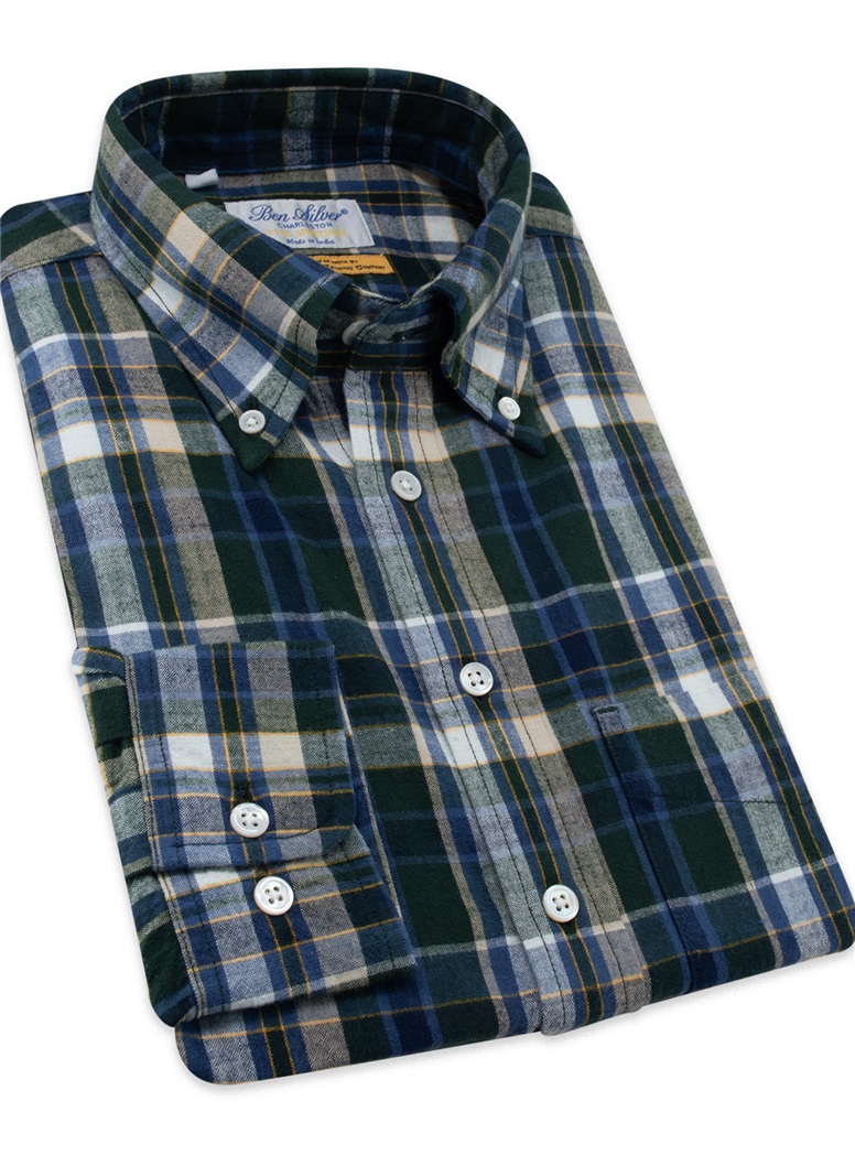 Navy, Green, and White Brushed Cotton Madras Button Down