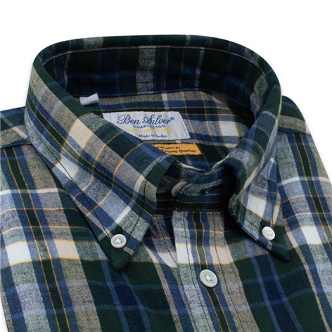 Navy, Green, and White Madras Brushed Cotton Button Down