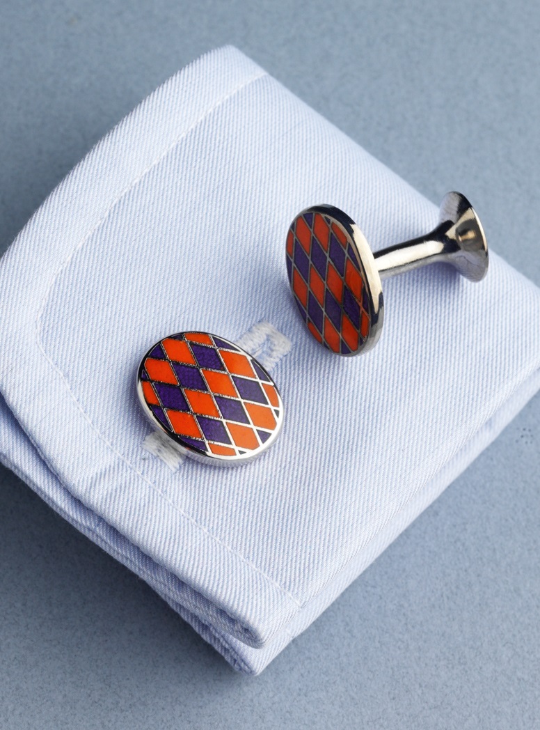 Navy and Orange Diamond Design Oval Cufflinks