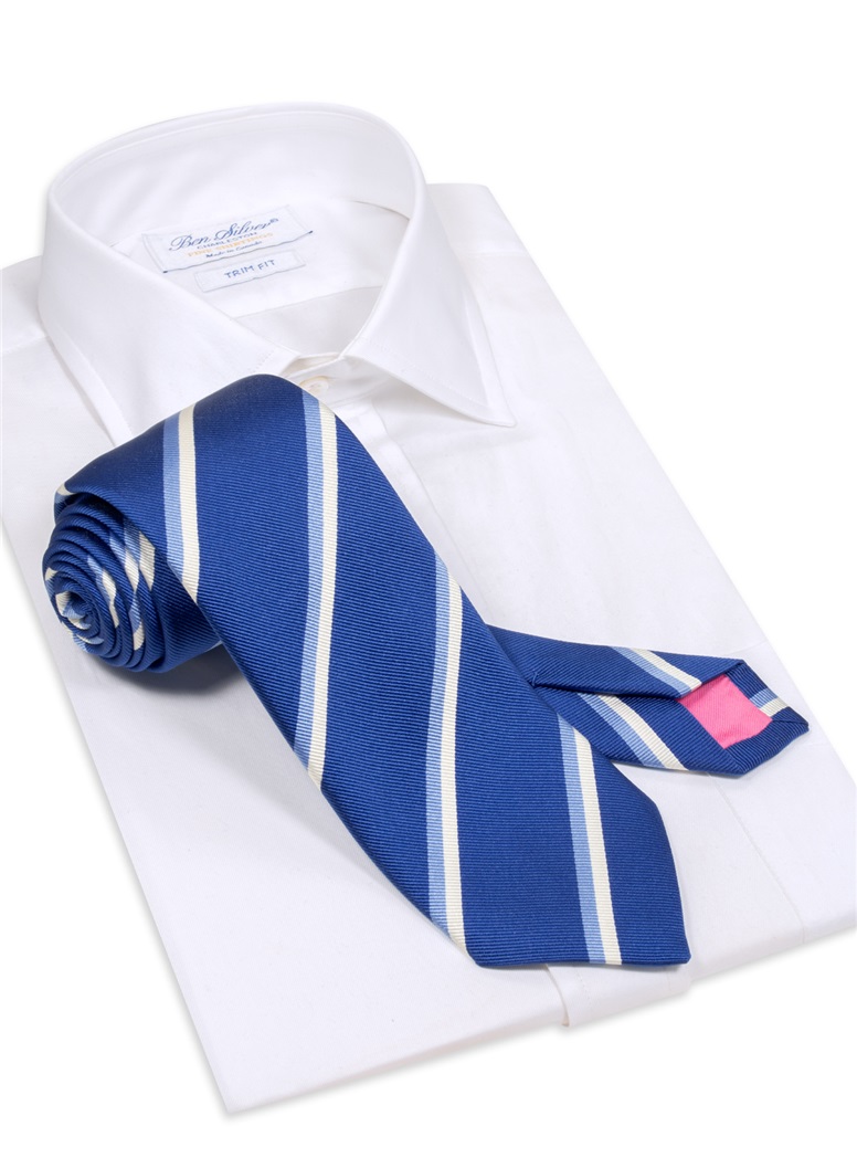 Silk Double Stripe Tie in Navy