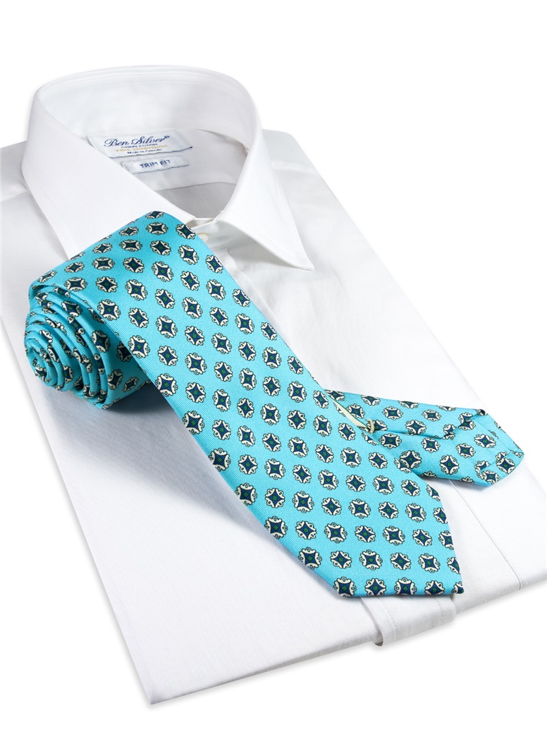 Silk Medallion Printed Tie in Aqua