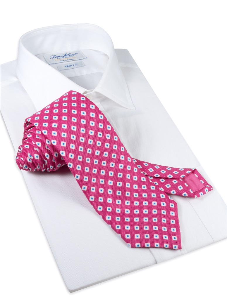 Silk and Linen Square Motif Printed Tie in Magenta