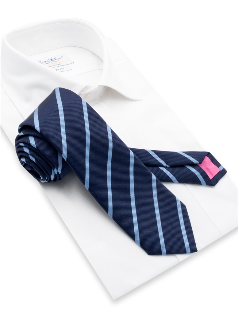 Silk Striped Tie in Navy and Cornflower