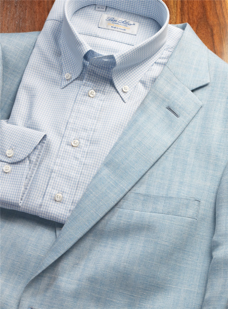 Blue and White Broken Bone Jacket in Wool, Silk and Linen