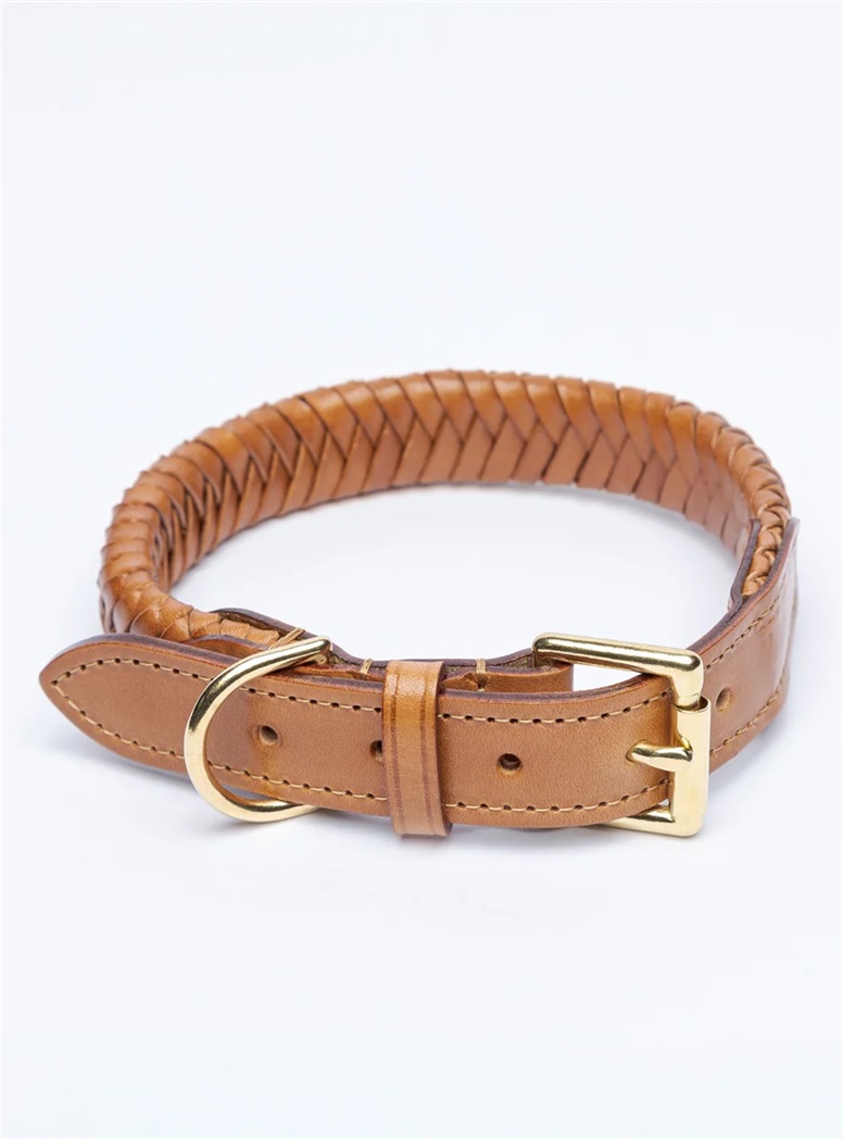 Plaited Leather Dog Collar in Tan