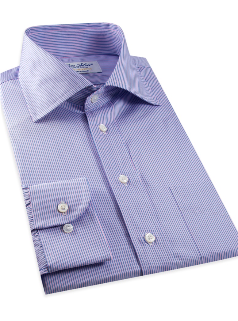 Sky Blue, Strawberry and White Thin Stripe Spread Collar