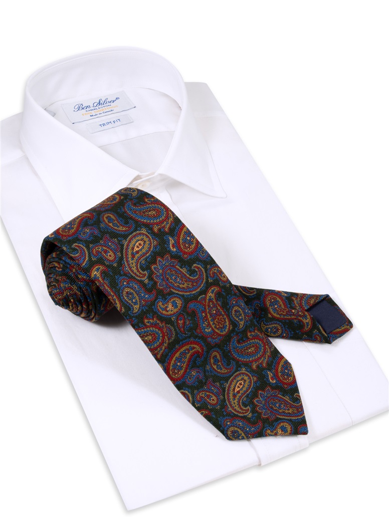 Wool Paisley Printed Tie in Forest