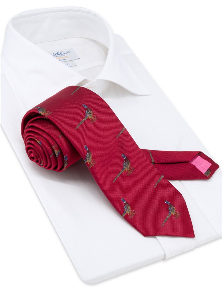 Silk Woven Pheasant Motif Tie in Ruby