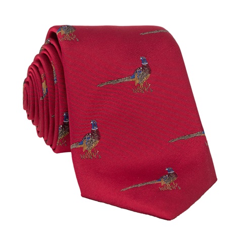 Silk Woven Pheasant Motif Tie in Ruby