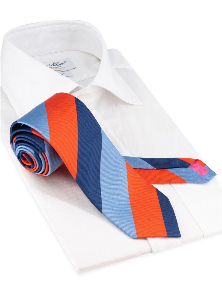 Silk Block Striped Tie in Orange, Blue, & Navy