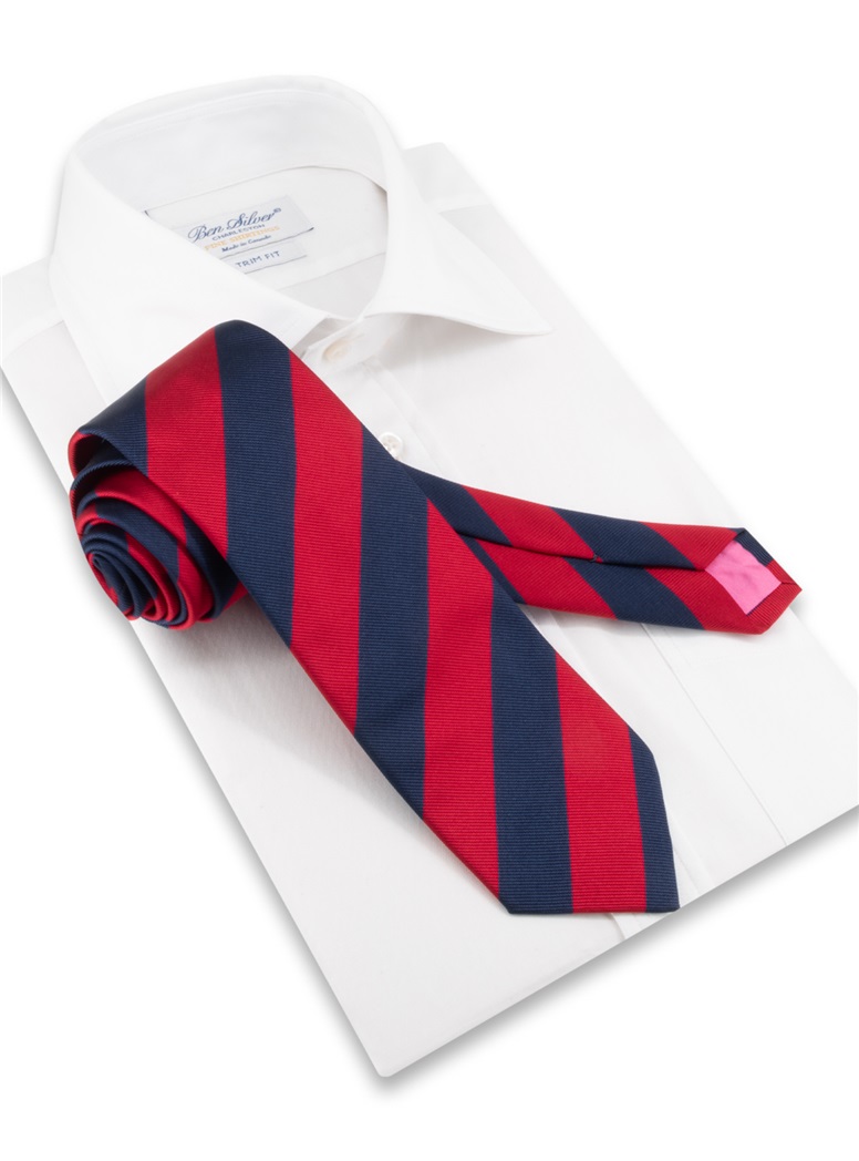 Silk Block Striped Tie in Fire and Navy