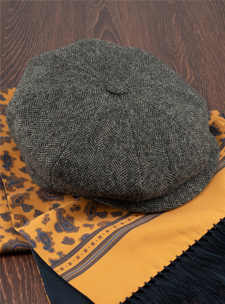 Wool Black and White Herringbone Cap