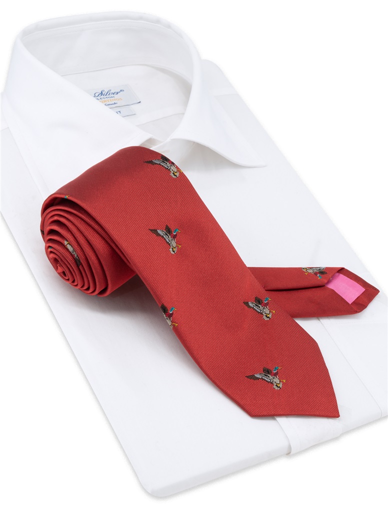 Silk Woven Duck Motif Tie in Chili