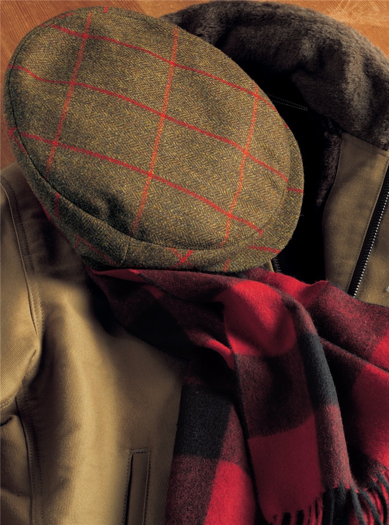 Wool Helmsley Cap in Olive with Red Windowpanes