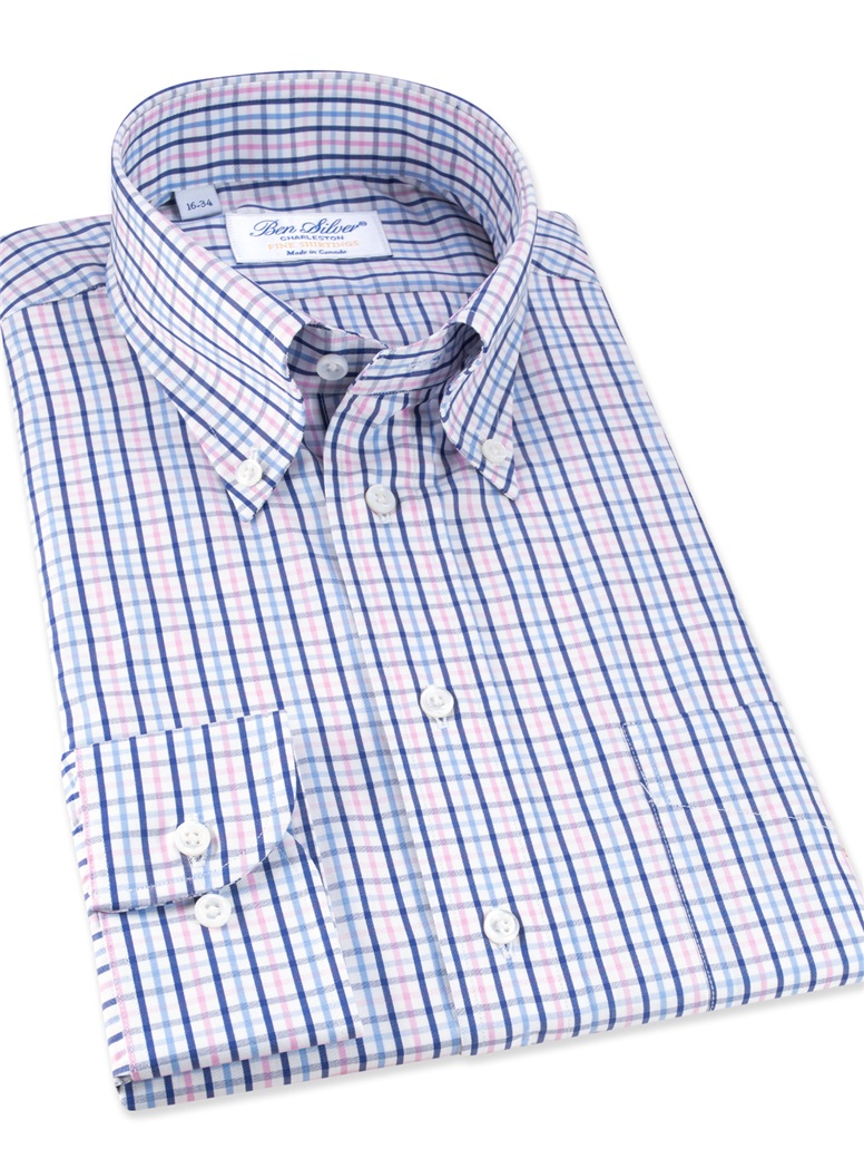 Navy, Blue, and Pink Check Button Down