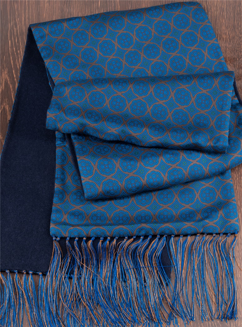 Silk Medallion Printed Scarf in Azure