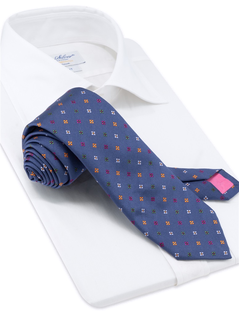 Silk Neat Print Woven Tie in Denim