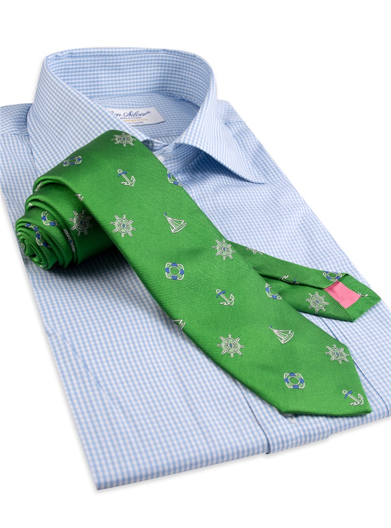Silk Woven Tie with Sailing Motif in Grass