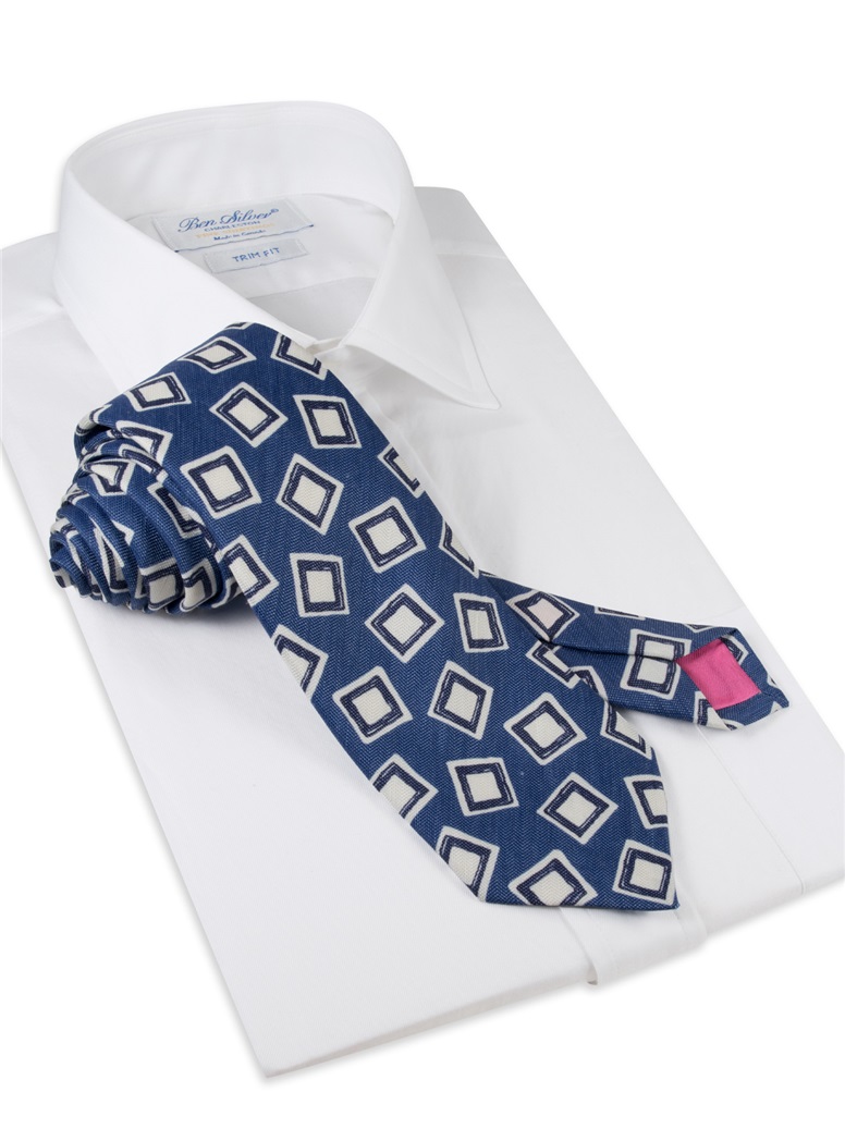 Silk and Linen Square Motif Tie in Denim