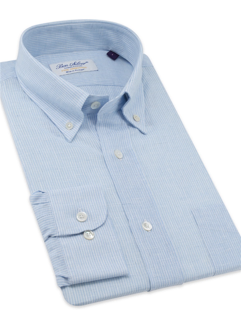 Sky and White Stripe Linen Button Down