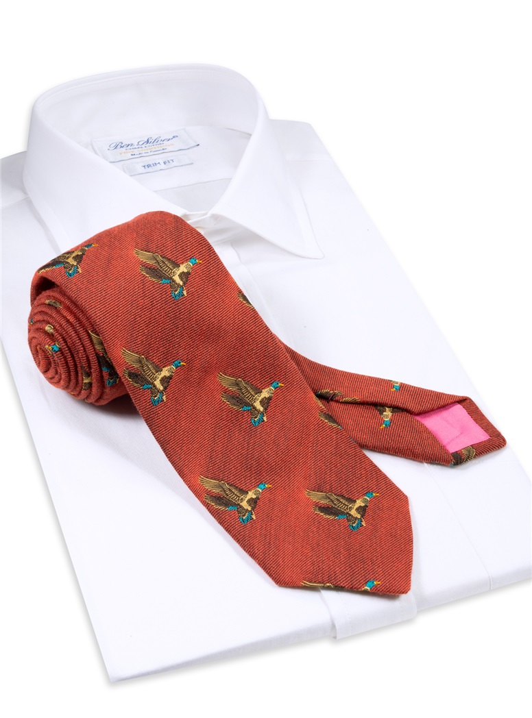 Silk Woven Flying Ducks Motif Tie in Rust