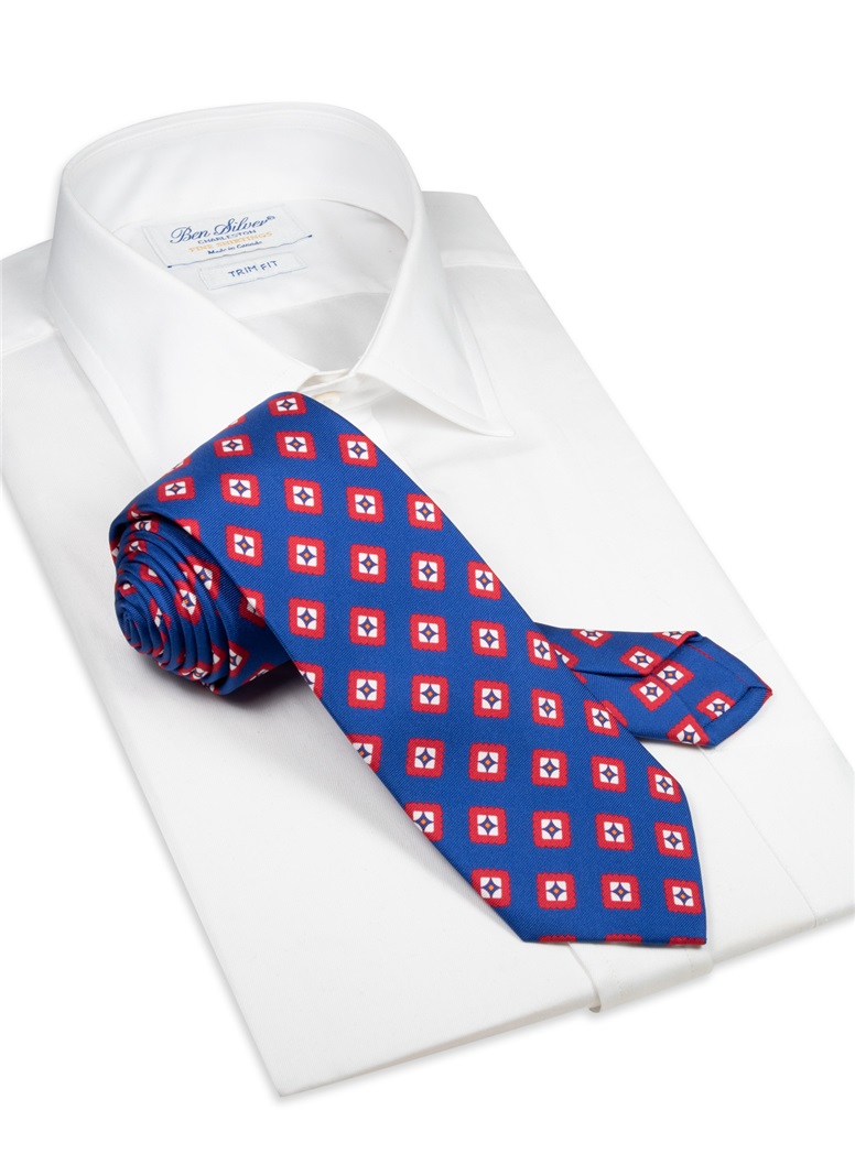Silk Printed Tile Motif Tie in Navy