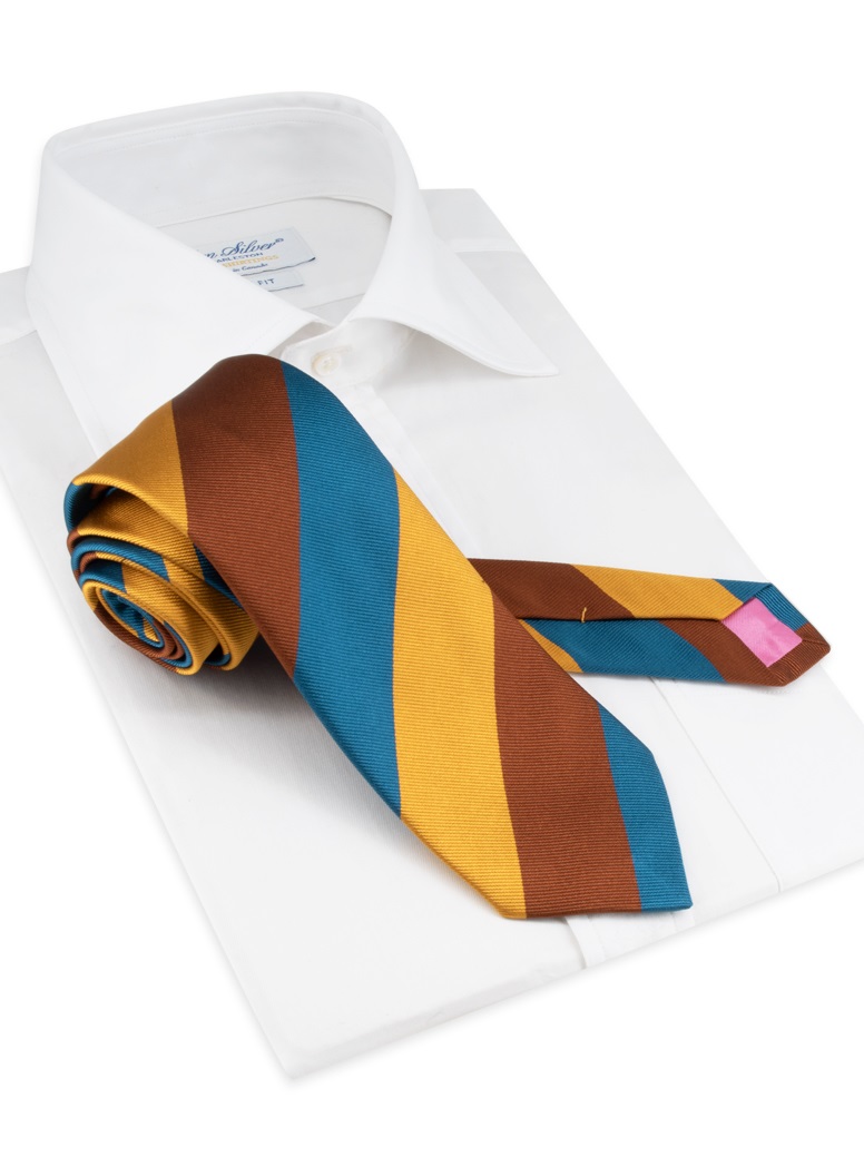 Silk Block Stripe Tie in Teal, Amber, and Gold