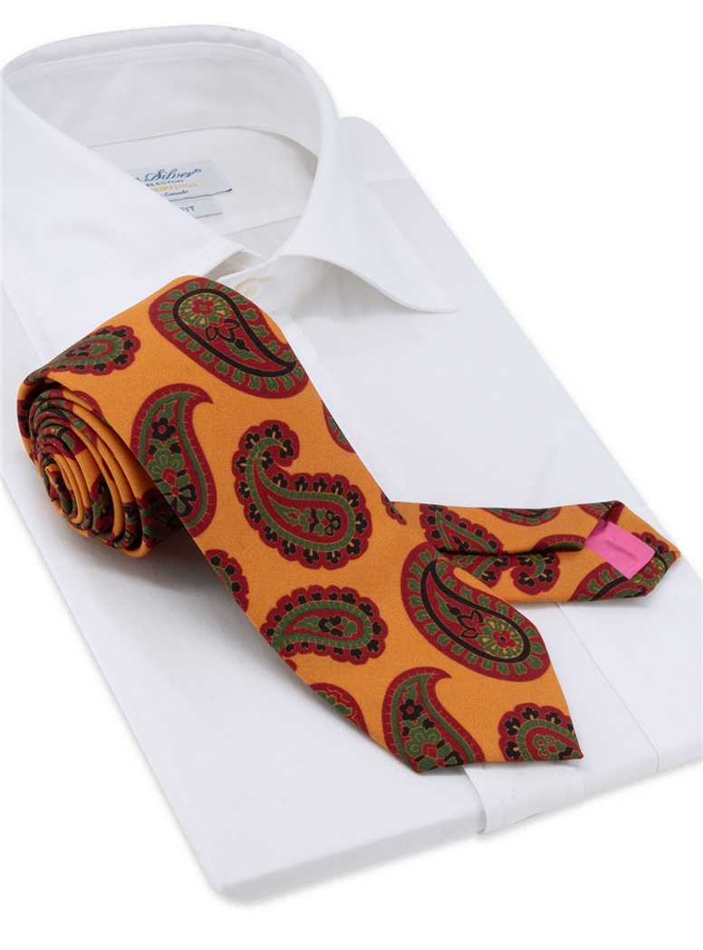 Wool Large Printed Paisley Tie in Marigold
