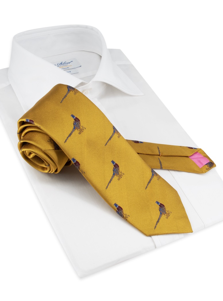Silk Woven Pheasant Motif Tie in Canary