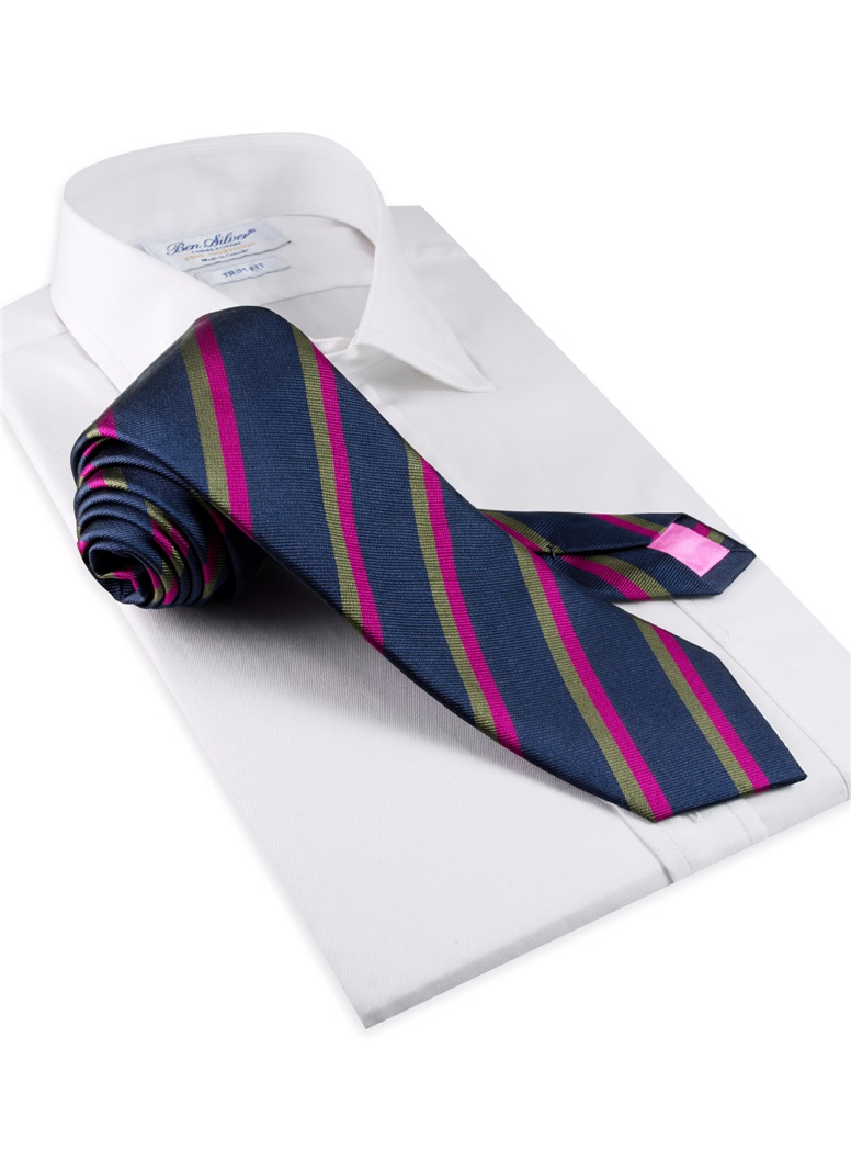 Silk Multi-Color Double Stripe Tie in Navy