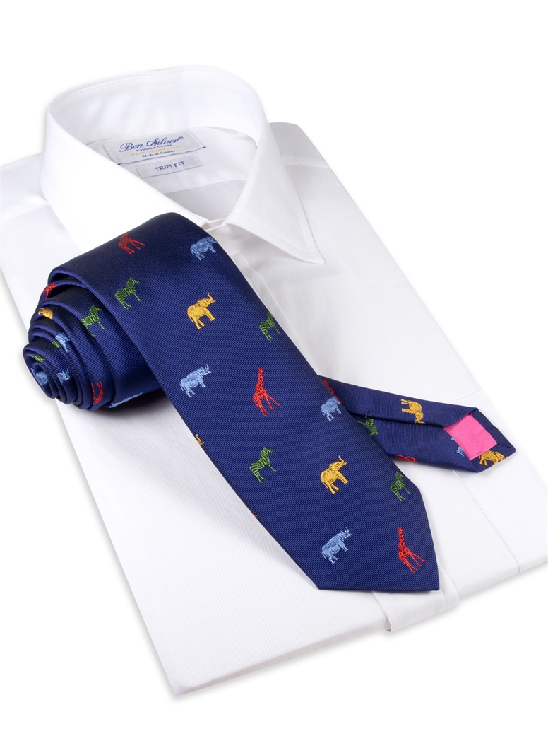 Silk Woven Animal Motif Tie in Navy